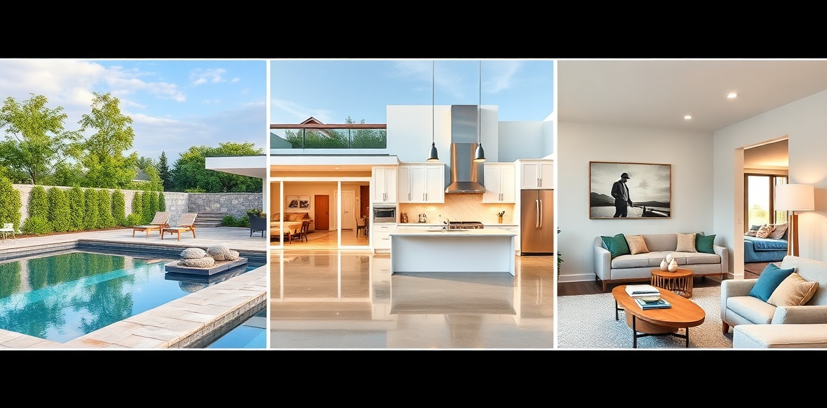 Modern home renovation collage featuring swimming pool, kitchen, and painted living room