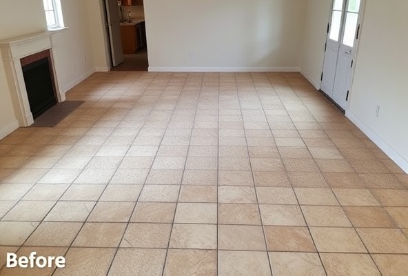 Before: Stained worn carpet and mismatched old flooring