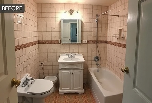 Before: Outdated bathroom with dated fixtures and poor lighting