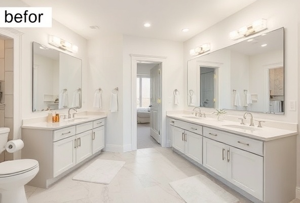 After: Modern spa-like bathroom with updated fixtures and excellent lighting