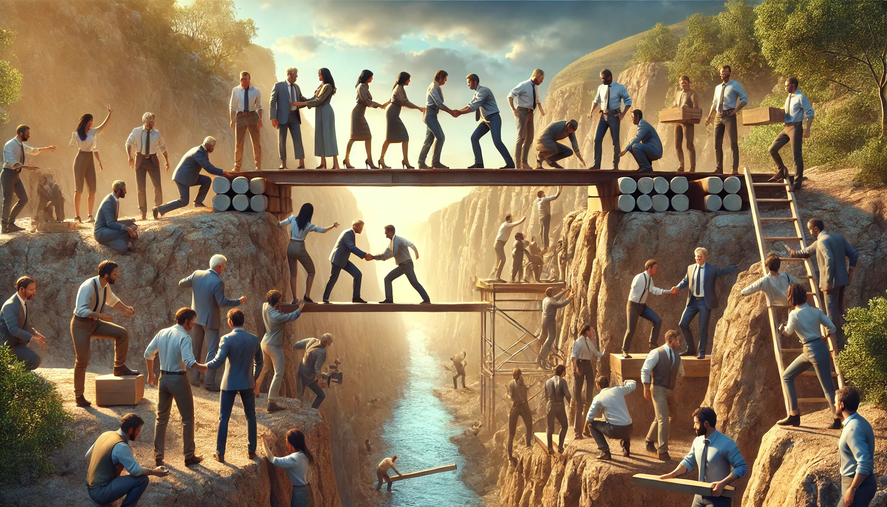 hpt dall·e 2025-01-22 12.22.39 - a realistic digital illustration of a high-performing, diverse team of businesspeople collaborating outdoors in a symbolic scene of teamwork and achie.webp
