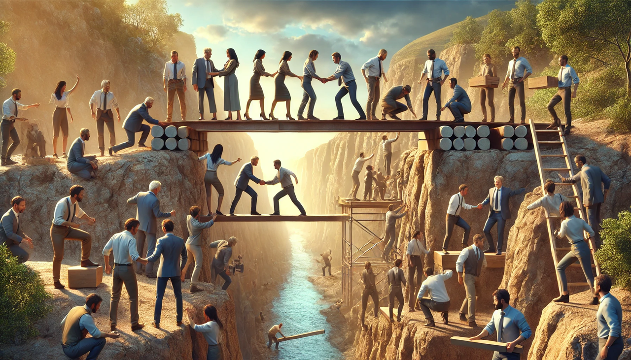 hpt dall·e 2025-01-22 12.22.39 - a realistic digital illustration of a high-performing, diverse team of businesspeople collaborating outdoors in a symbolic scene of teamwork and achie.webp