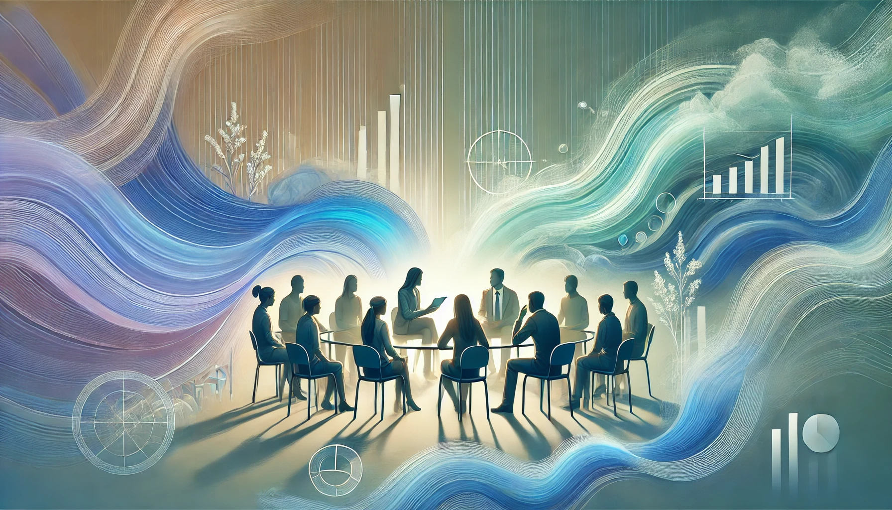 coaching dall·e 2025-01-22 11.49.50 - a single abstract scene depicting both individual and group coaching within one frame, with a cooler color palette. on the left, a coach engages in a .webp