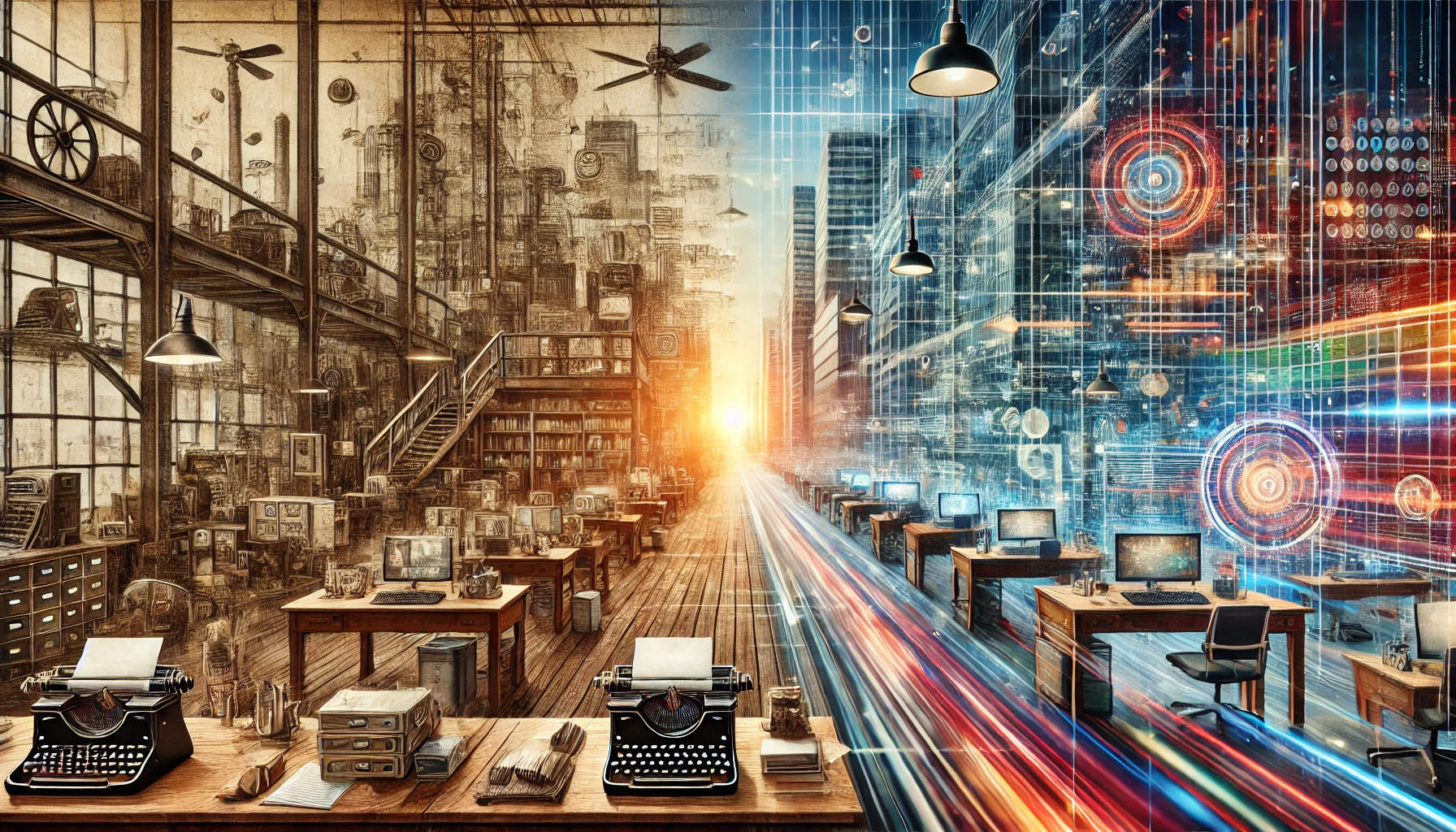 transforming dall·e 2025-01-22 13.30.27 - an enhanced representation of an organization's transformation with a clear progression from left to right. the left side distinctly shows the old wor.webp