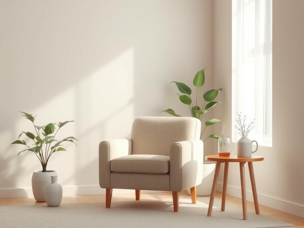 A serene, inviting counseling space featuring a comfortable armchair and