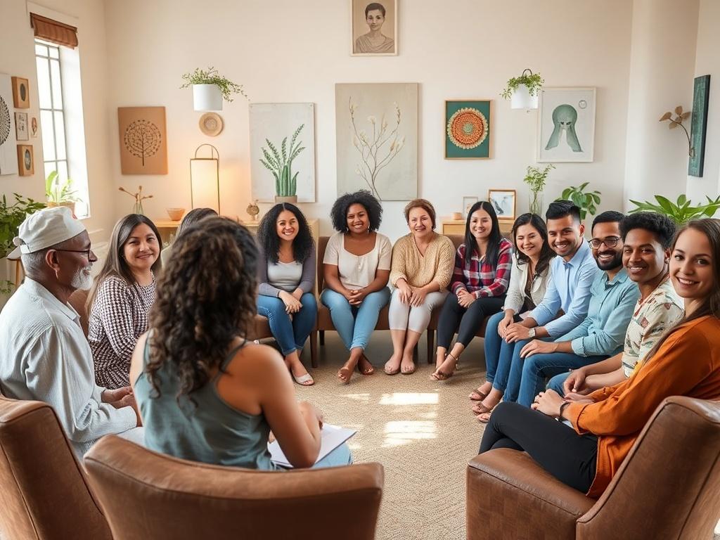 A group of diverse individuals sitting in a circle, actively