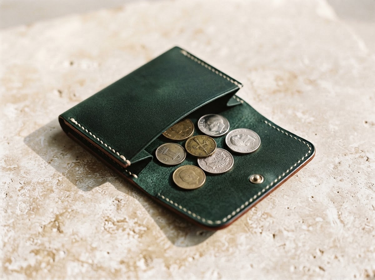 Forest-green leather coin wallet opened to show its neat, secure coin compartment