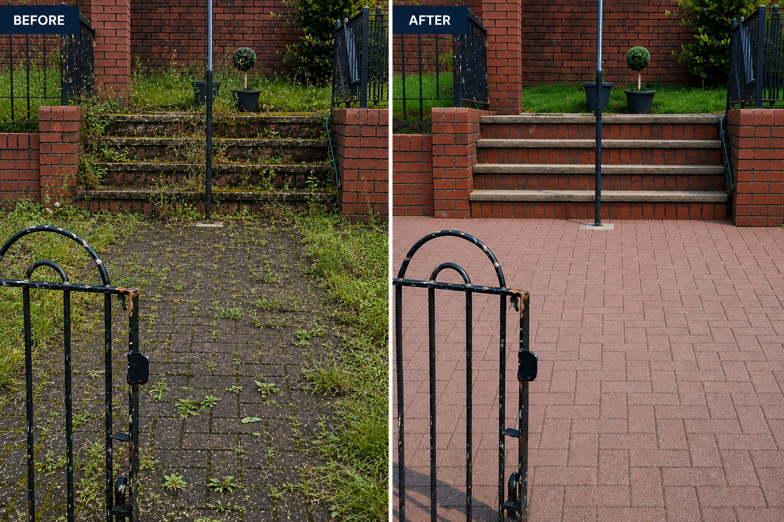 Before and after exterior wall cleaning comparison