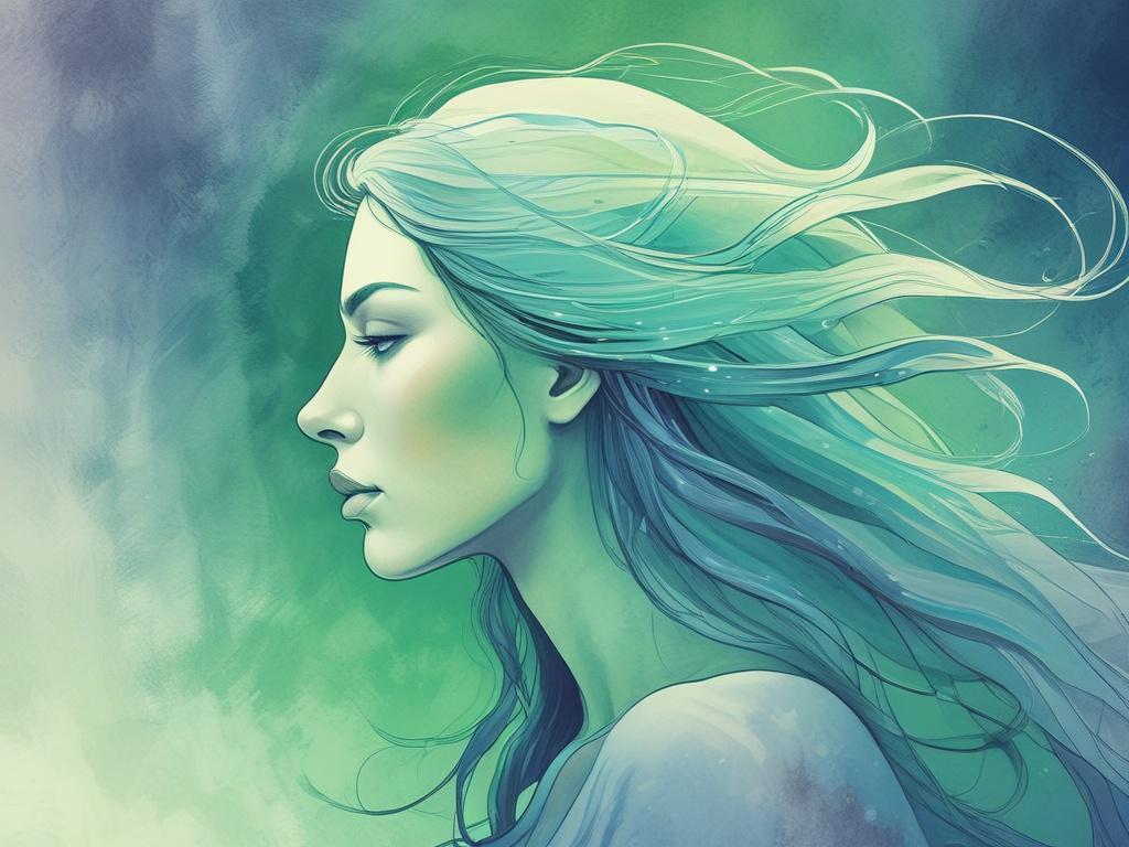 A profile view of a woman gazing toward a brighter future, with a serene expression. Her long hair flows gently in the breeze, symbolizing freedom and change. The background features a soft gradient of colors, transitioning from deep blues to vibrant greens, representing growth and new beginnings. Ethereal elements like floating petals and soft light beams surround her, enhancing the mystical atmosphere.
