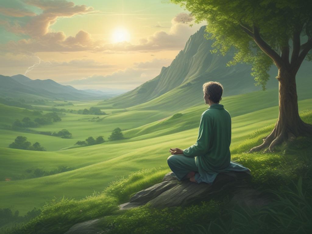 A serene and tranquil scene depicting a person meditating in a lush, green field, surrounded by soft, ethereal light. The person appears relaxed and at peace, embodying a sense of relief from chronic pain. The background features gentle hills and a clear blue sky, enhancing the feeling of calmness and serenity.