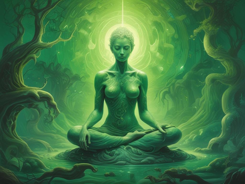 A serene figure sitting cross-legged in a tranquil environment, with soft light illuminating their face. The figure appears relaxed and at peace, representing the release from chronic pain. Surrounding them are ethereal swirls of color in shades of green and mystical elements that suggest healing and transformation. The background features softly blurred nature elements, enhancing the atmosphere of calm and serenity.