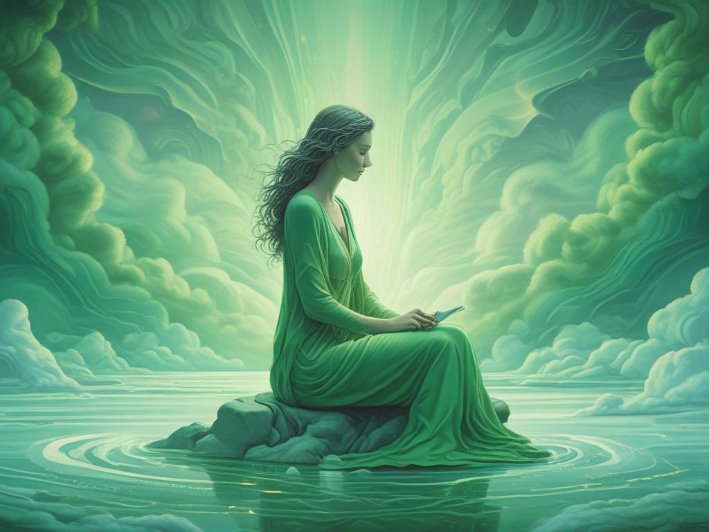 A serene figure sitting cross-legged in a tranquil setting, eyes closed, surrounded by soft, ethereal light. The background features flowing, surreal landscapes resembling calm waves or clouds, symbolizing relief from chronic pain. The color palette includes shades of green, echoing the primary color rgb(50, 170, 39), to evoke feelings of healing and tranquility.