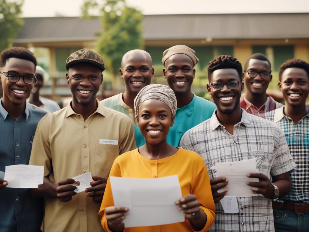 A close-up shot of a diverse group of enthusiastic Nigerian voters, smiling and holding voter registration cards, standing together in a vibrant outdoor setting. The background should feature a clear blue sky and hints of greenery, symbolizing hope and unity. The image should reflect a sense of empowerment and community engagement in the electoral process, shot with a 45mm f/1.2 lens to create a warm, inviting atmosphere.