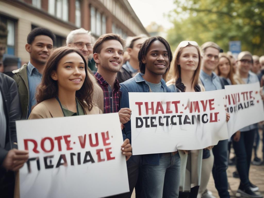 A close-up shot of a diverse group of passionate individuals holding banners that symbolize unity and democracy. The background features a blurred image of a polling station, showcasing an atmosphere of civic engagement. The subjects are smiling and engaged, conveying a sense of hope and determination. The image should have a warm color palette, focusing on the primary color rgb(50, 170, 39) to reflect the theme of empowerment and change.