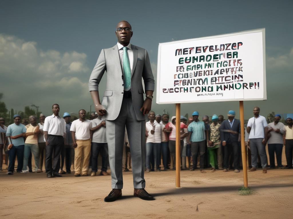 Create a realistic high-resolution image that visually embodies the theme of "Electoral Reform in Nigeria." The composition should be simple and clear, featuring a Nigerian voter standing in front of a polling station. The subject, a middle-aged Nigerian man with a contemplative expression, should be the central focus, emphasizing the importance of his civic duty. 

He should be dressed in traditional Nigerian attire, such as a vibrant agbada, showcasing cultural pride. The background should depict a well-m
