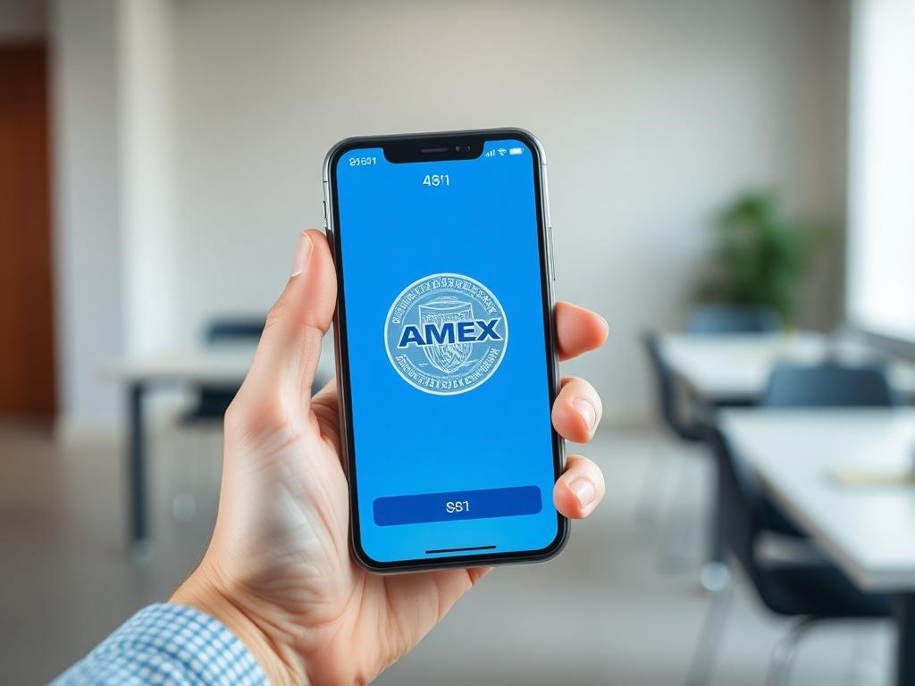 A close-up shot of a hand holding a smartphone displaying an Amex account balance on the screen. The background should be a simple, blurred office environment, emphasizing clarity and focus on the smartphone. The image should evoke a sense of convenience and modern finance management.
