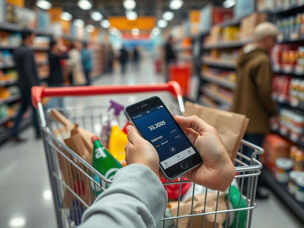 A close-up of a shopping cart filled with items, with a smartphone in hand displaying the Amex balance. The setting is a busy store, highlighting the connection between budgeting and shopping responsibly. The image should convey a sense of mindful spending.