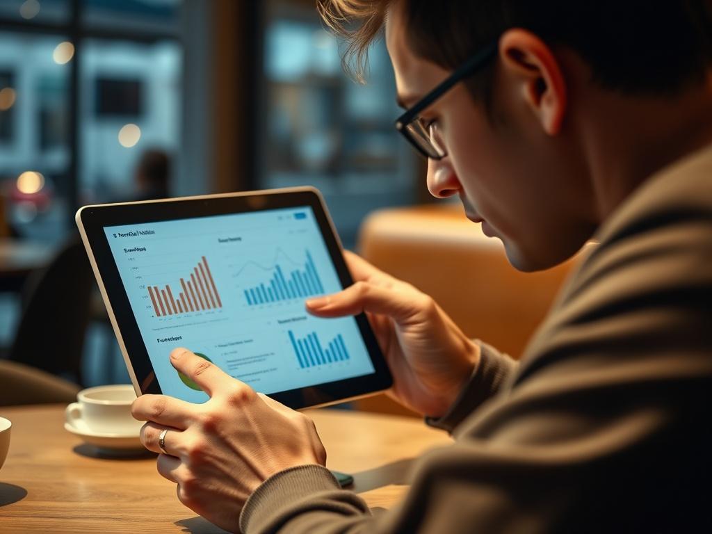 A close-up of a thoughtful individual analyzing financial data on a tablet at a cafe. The screen displays graphs and figures related to spending habits. The background is a warm, inviting setting, conveying a sense of reflection and financial planning.