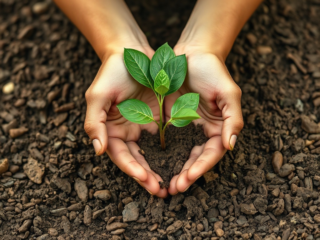 Conscious investing concept with hands planting seedlings