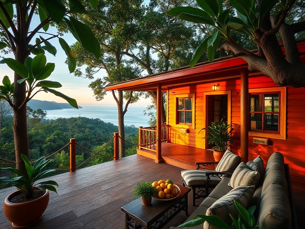 Costa Rican tropical lifestyle scene with rainforest and ocean view