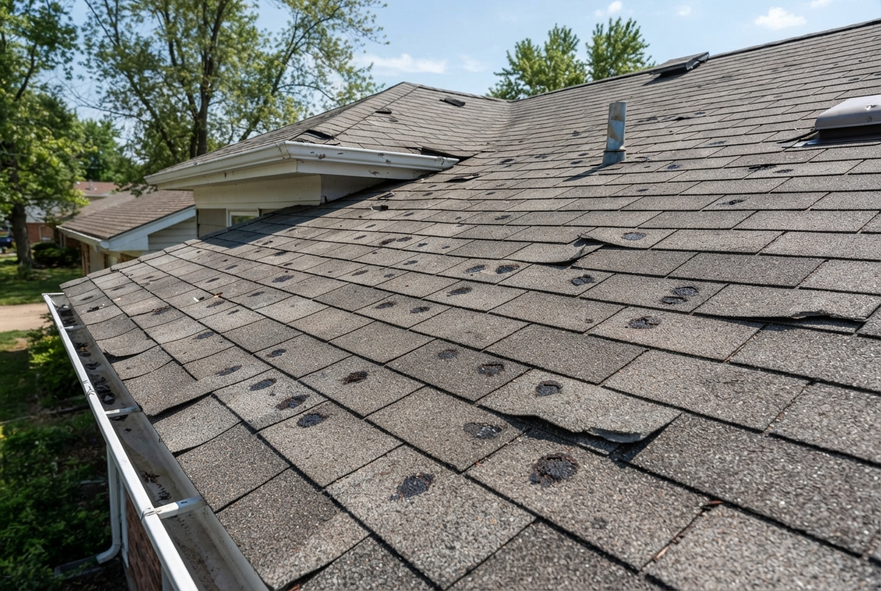 Before: Residential roof with hail damage showing dented and bruised shingles