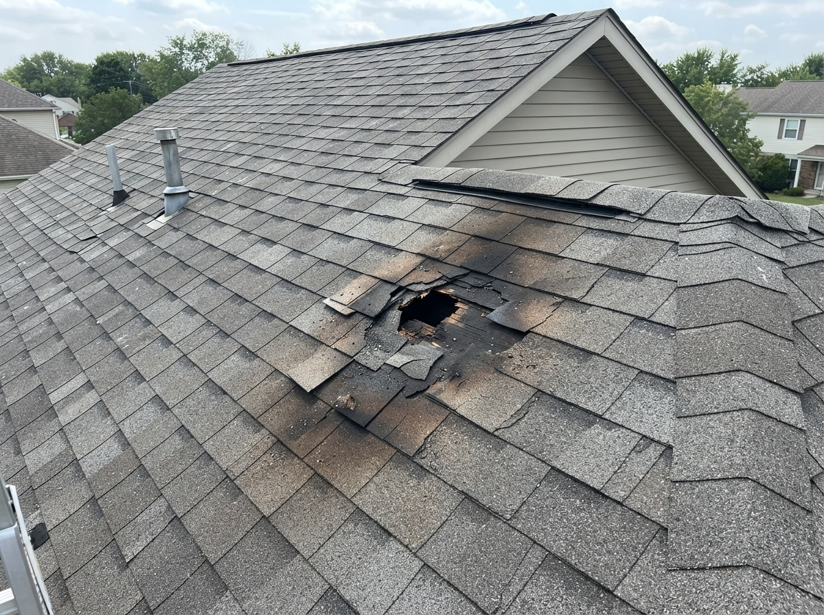 Residential roof with small lightning strike damage showing scorch marks and penetration hole