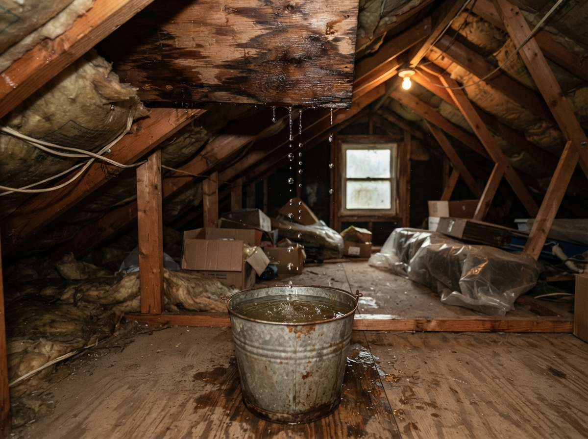 Attic view with water droplets dripping from roof into bucket during moderate roof leak