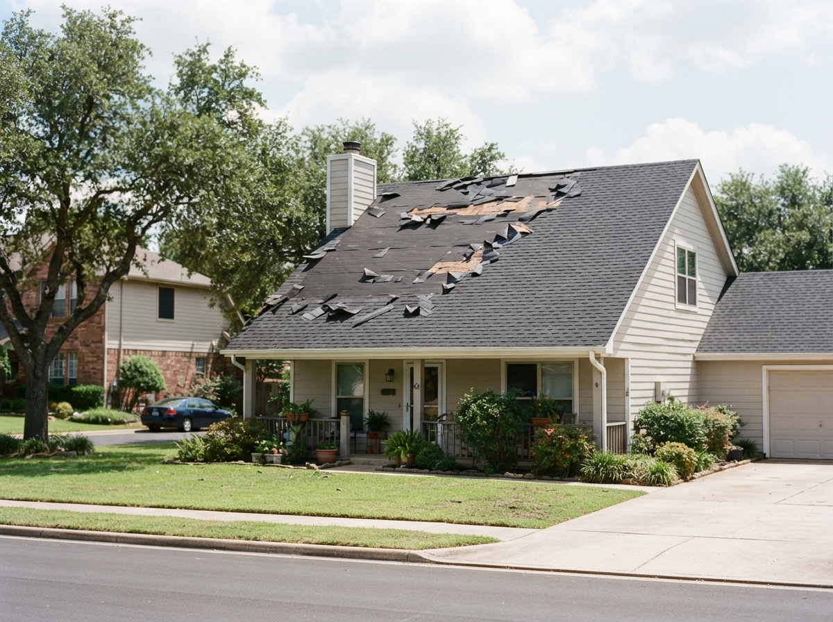 Residential roof with moderate wind damage showing several missing shingles and exposed underlayment
