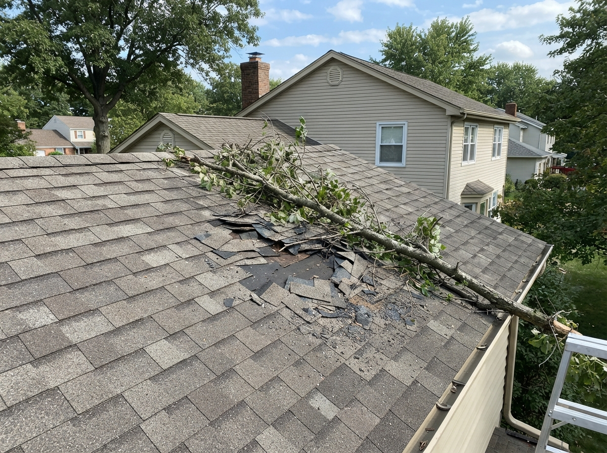 Residential roof with small fallen tree branch damage and crushed shingles