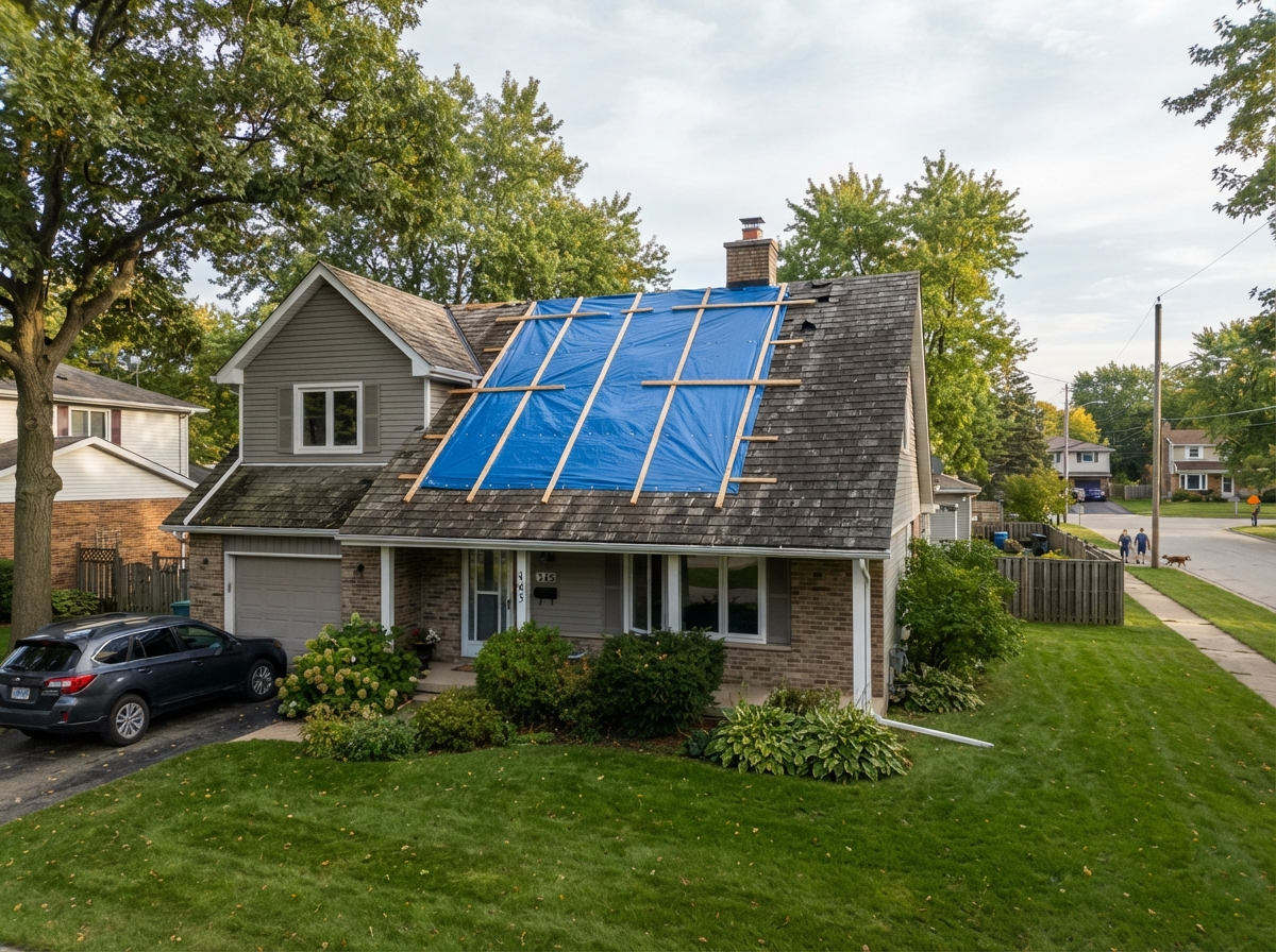 Residential roof covered with blue emergency tarp secured over moderate damage area