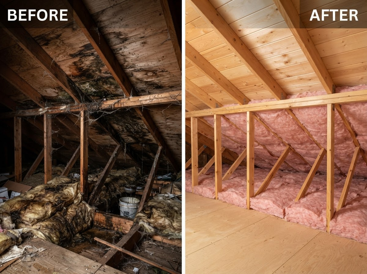 Before and after comparison showing residential attic water damage restoration