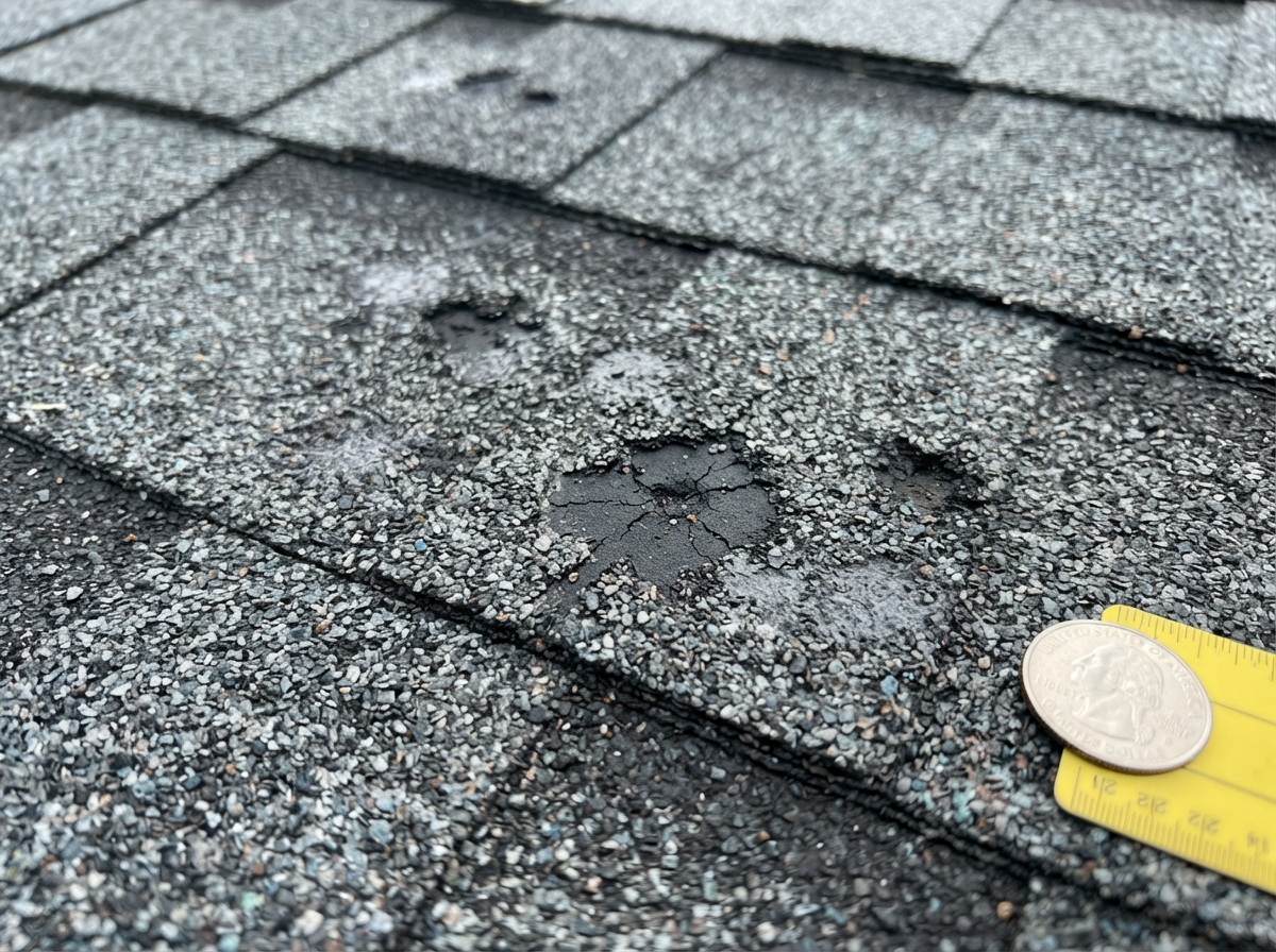Before: Roof shingles with hail damage showing granule loss and impact marks