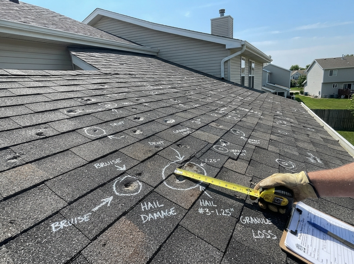 Before: Residential roof with multiple hail damage bruises and dents