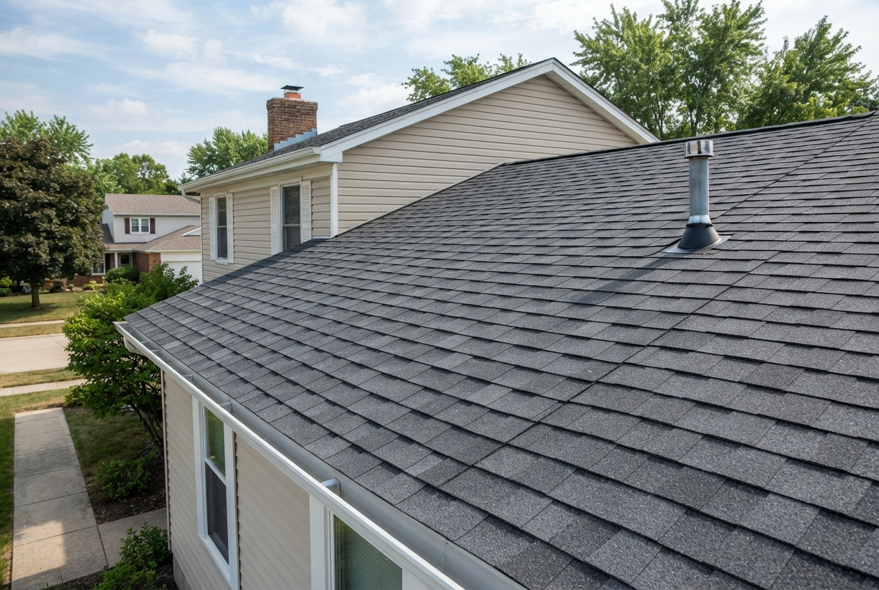 After: Wind-damaged roof professionally repaired and restored