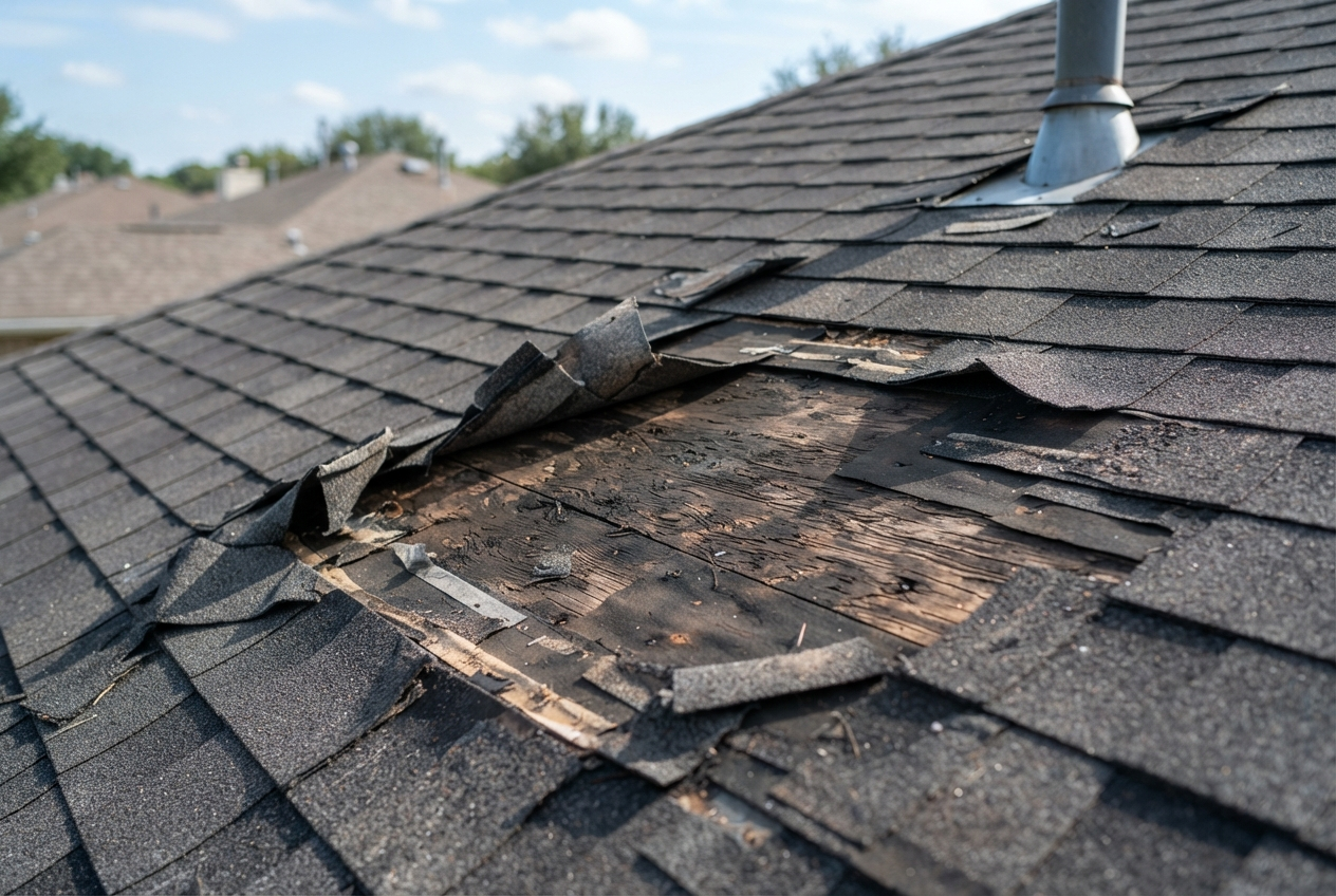 Before: Roof with severe wind damage showing lifted and torn shingles