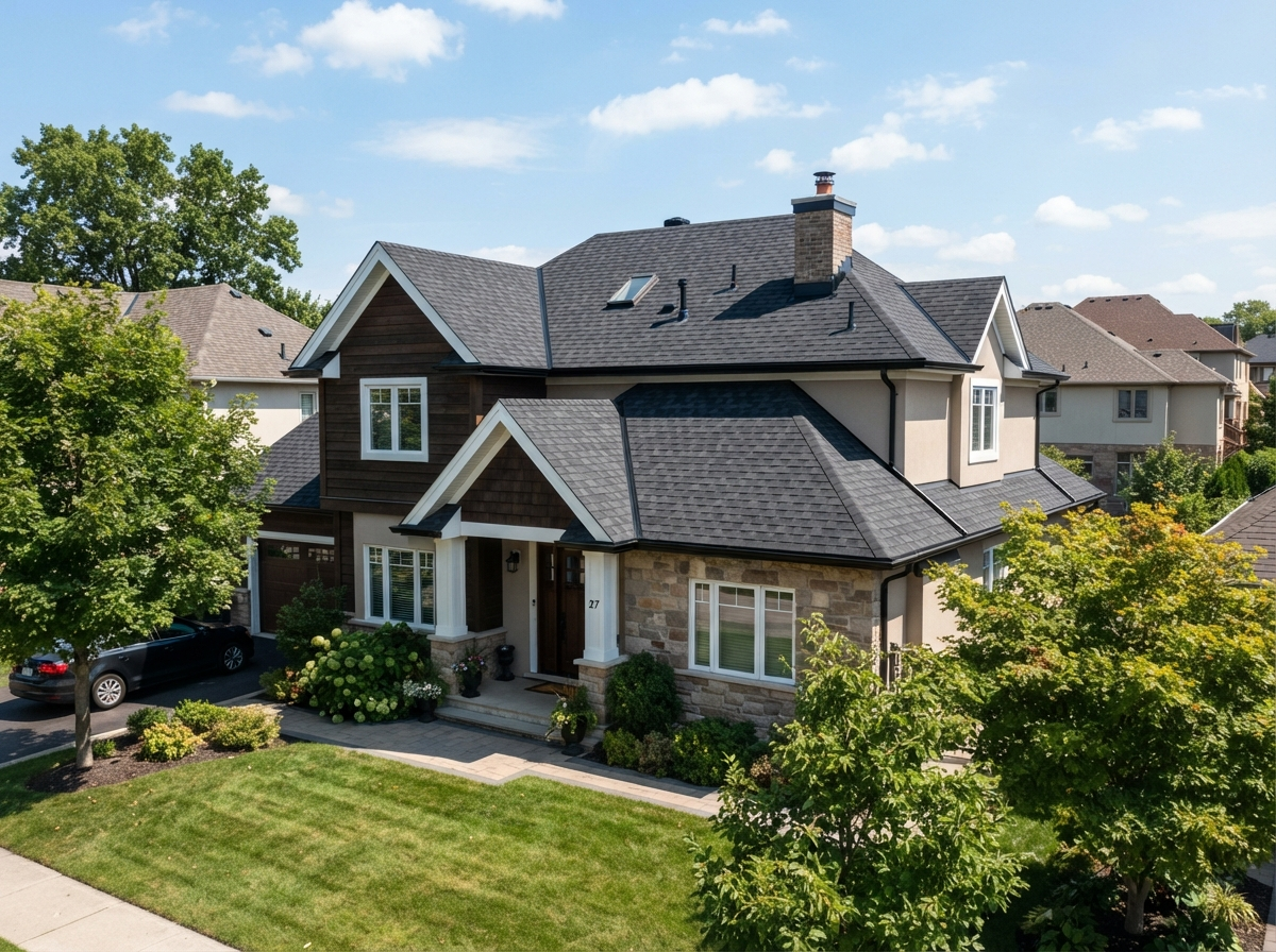 Newly installed residential roof replacement with premium shingles