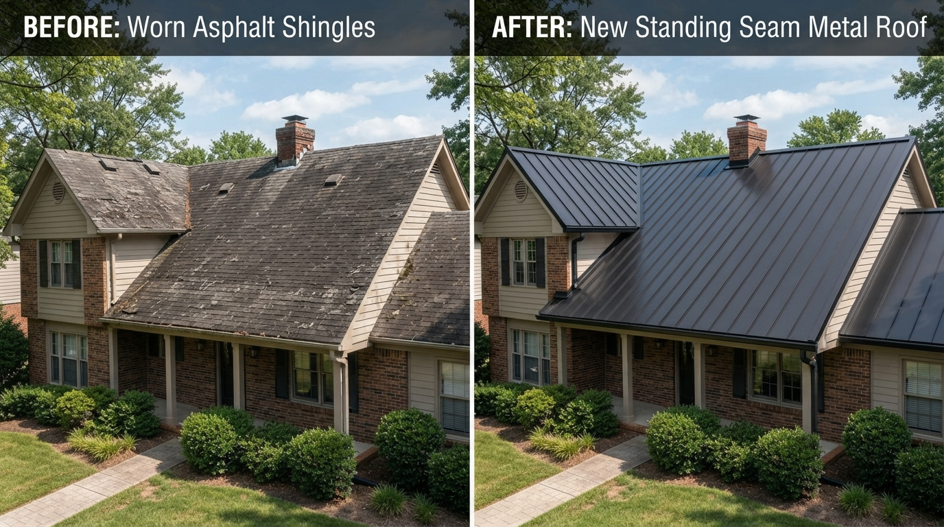Before and after metal roof installation showing transformation from old worn roof to pristine new metal roof
