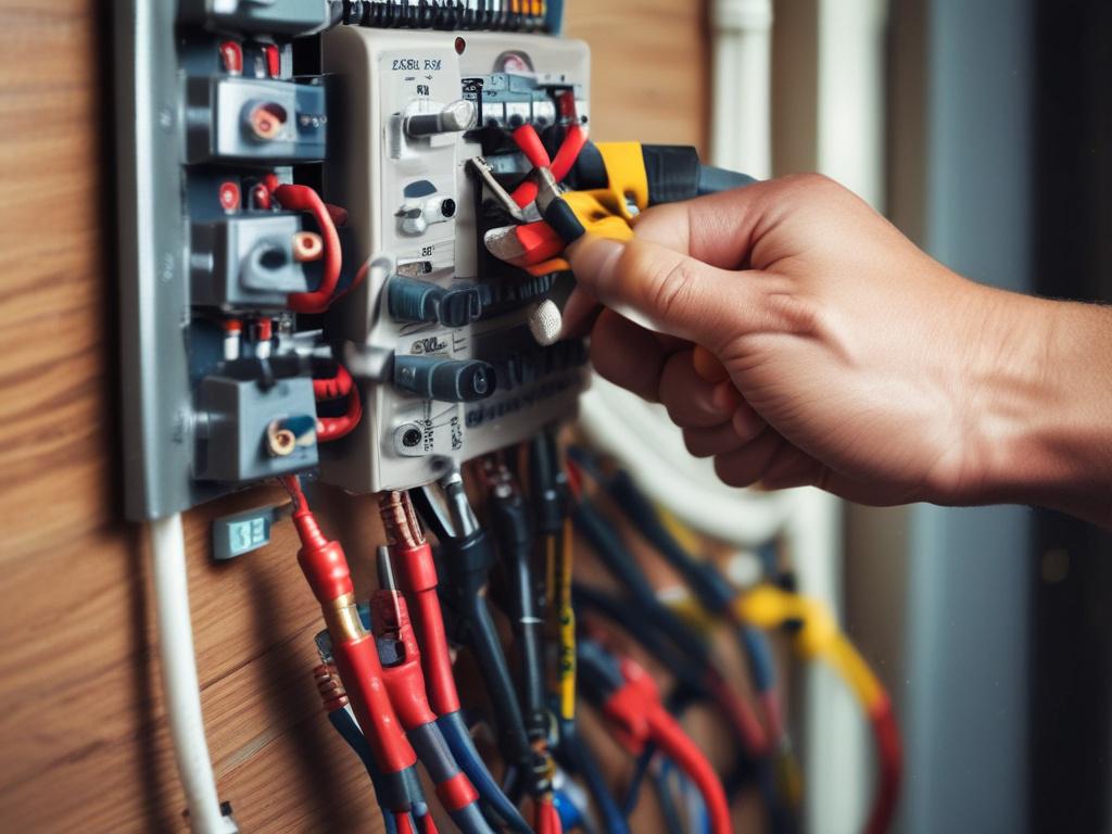 A close up shot of a professional electrician installing wiring