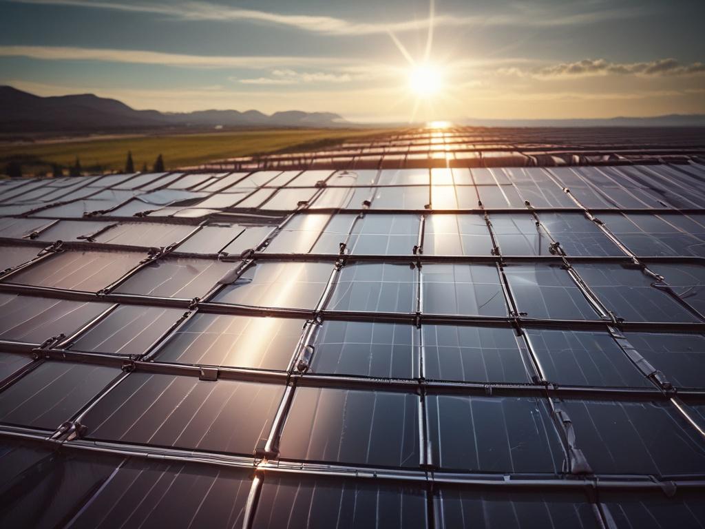 A close-up shot of a high-quality solar panel reflecting sunlight, showcasing its intricate design and textures. The background features a blurred, soft-focus landscape with a hint of greenery, emphasizing a clean and sustainable environment. The image should be vibrant and inviting, captured with a 45mm f/1.2 lens style, highlighting the solar panel's features in hyper-realistic detail.