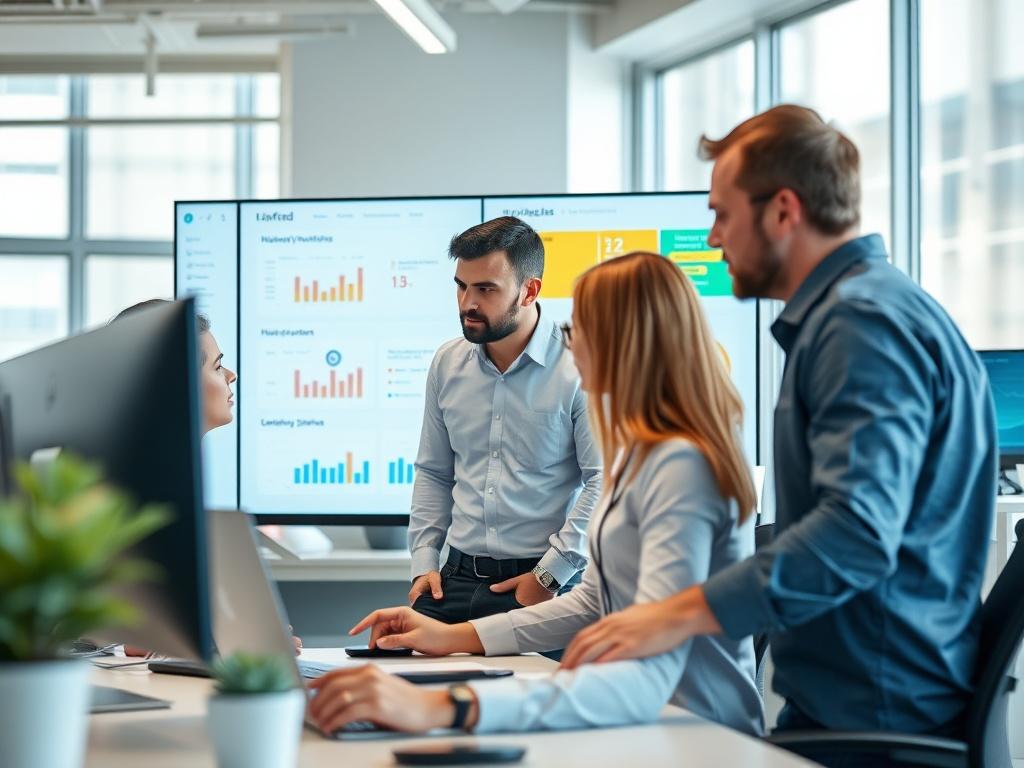 A close up shot of a helpdesk team collaborating in