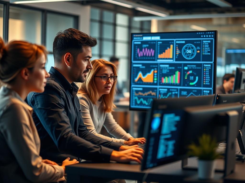 A close-up shot of a diverse team of IT professionals engaged in a collaborative discussion around a computer, displaying charts and operational data. The setting is an office with a calm atmosphere, emphasizing focus and clarity. The background is blurred to keep attention on the team, with warm lighting enhancing the human-centered approach of Urby Technologies. The image should evoke a sense of stability and collaboration, suitable for an operations-focused consultancy.