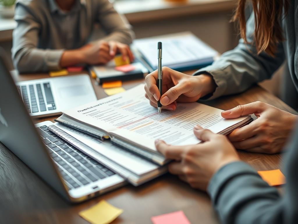 A close-up shot of hands writing procedures in a playbook, surrounded by sticky notes and a laptop in a collaborative workspace. The background should be softly blurred to keep the focus on the playbook and the writing process. The colors should reflect the rgb(2, 86, 197) primary color.