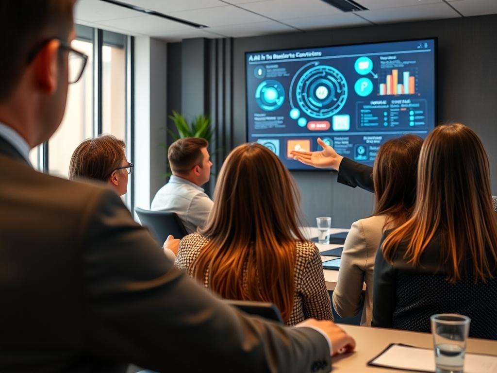 A close-up shot of a business consultant explaining AI concepts to a group in a conference room, with visual aids displayed on a screen. The setting should be professional, with attentive participants. The color theme should incorporate the rgb(2, 86, 197) primary color.