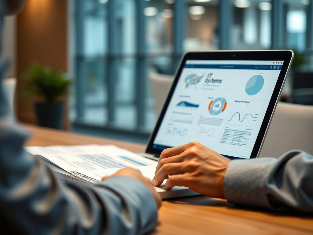 A close-up shot of a consultant reviewing IT system diagrams on a laptop, with a notepad and pen in hand, set in a modern office environment. The background should be blurred to emphasize the consultant and the laptop. The color scheme should highlight the rgb(2, 86, 197) primary color.