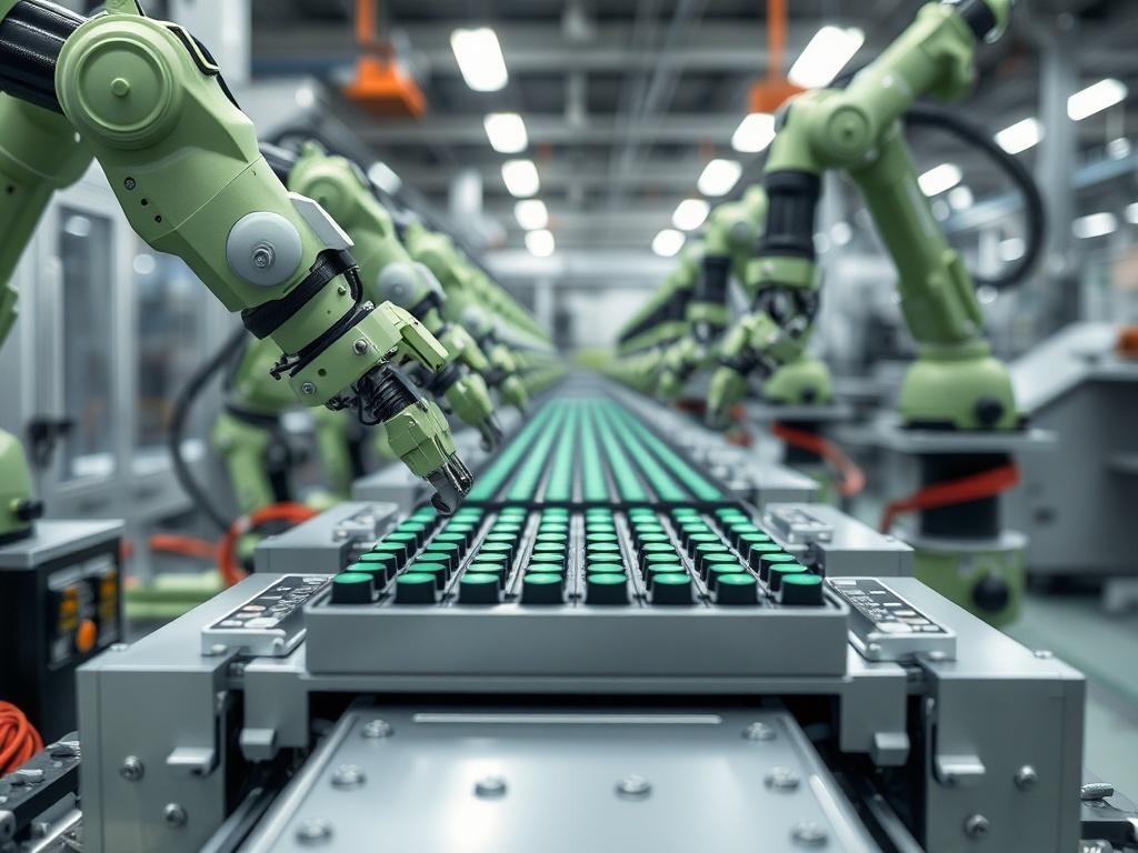 A hyper-realistic close-up shot of an automated battery assembly line in a modern factory setting. The image focuses on the intricate robotic arms meticulously placing battery cells into a sleek battery pack. Background features blurred machinery and a clean industrial environment, emphasizing advanced technology and precision. The color palette includes shades of green and silver to reflect sustainability and innovation.
