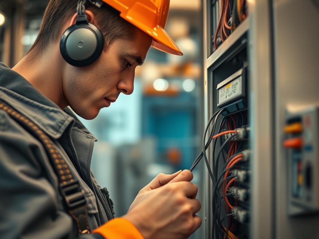A hyper realistic close up shot of an electrician carefully