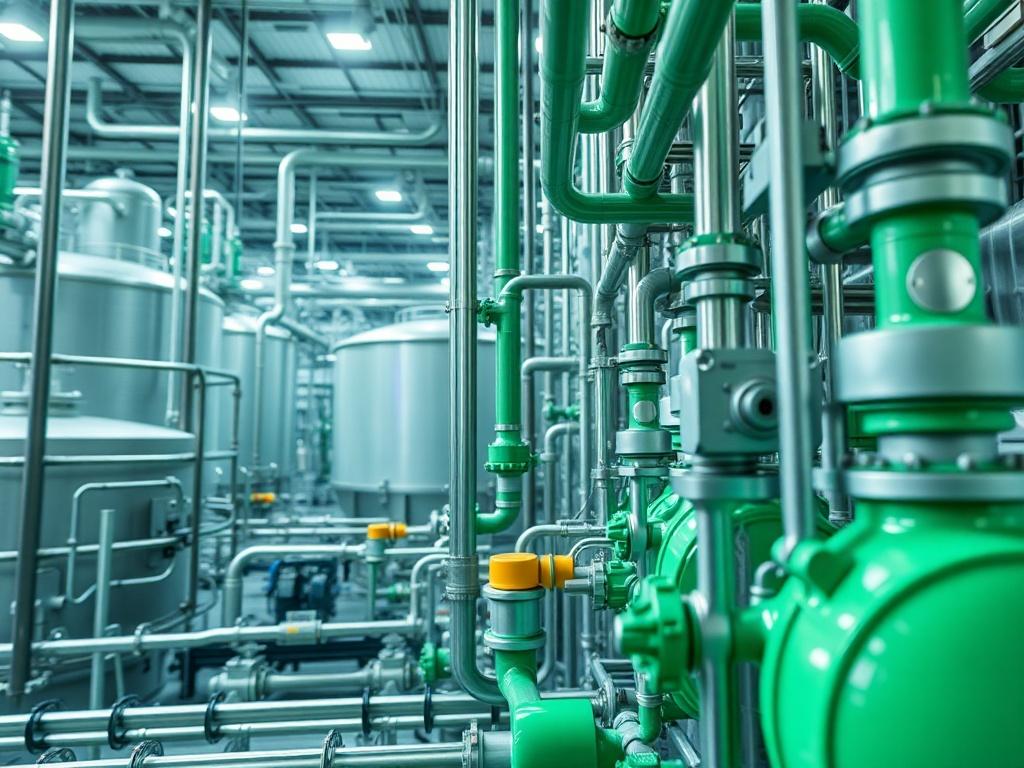 A high-resolution close-up image of a petrochemical plant, showcasing intricate piping and equipment. The focus is on a section of the facility where chemical processing occurs, with large storage tanks and a backdrop of industrial machinery. The lighting is bright and emphasizes the complexity of the equipment, conveying a sense of advanced technology. The color scheme should align with a primary green hue (rgb(50, 170, 39)) to reflect the commitment to efficiency and sustainability in petrochemistry.