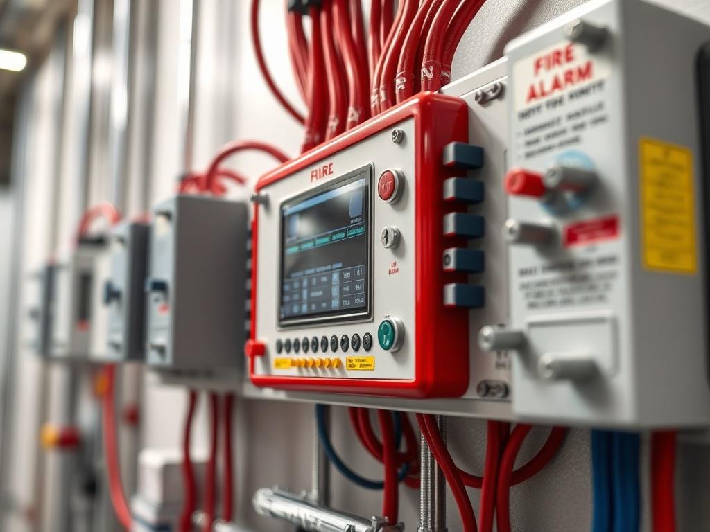 A close-up, hyper-realistic photo of a fire protection system installation, featuring a fire alarm control panel with clear wiring and connections. The background should be a simple industrial setting, emphasizing safety and efficiency. The focus should be on the intricate details of the control panel and wiring, showcasing the quality and precision of the installation.