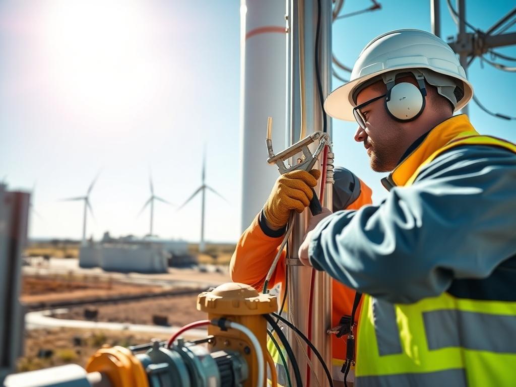 A realistic high-resolution photo showcasing an electrical installation for a power plant and wind turbine. The image should focus on a technician working on the electrical components of a wind turbine, with the power plant visible in the background. The scene should be bright and well-lit, emphasizing the professionalism and precision of the installation work. The technician should be wearing safety gear, such as a helmet and gloves, and should be actively engaged in the installation process. The backgroun