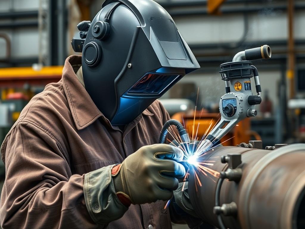 A highly skilled welder in action, wearing protective gear and using a MIG welding machine on a large metal structure. The background shows an industrial setting with machinery and tools, emphasizing the demanding environment. The image captures the welder focusing intently on their work, showcasing precision and professionalism. The scene is well-lit, highlighting the details of the welding process while maintaining a clean and organized composition.